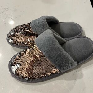 Sequin and Faux Fur Slippers